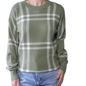 Knit Sweater Olive green Plaid Crewneck Cozy Soft Stretchy Size S-M TAHARI